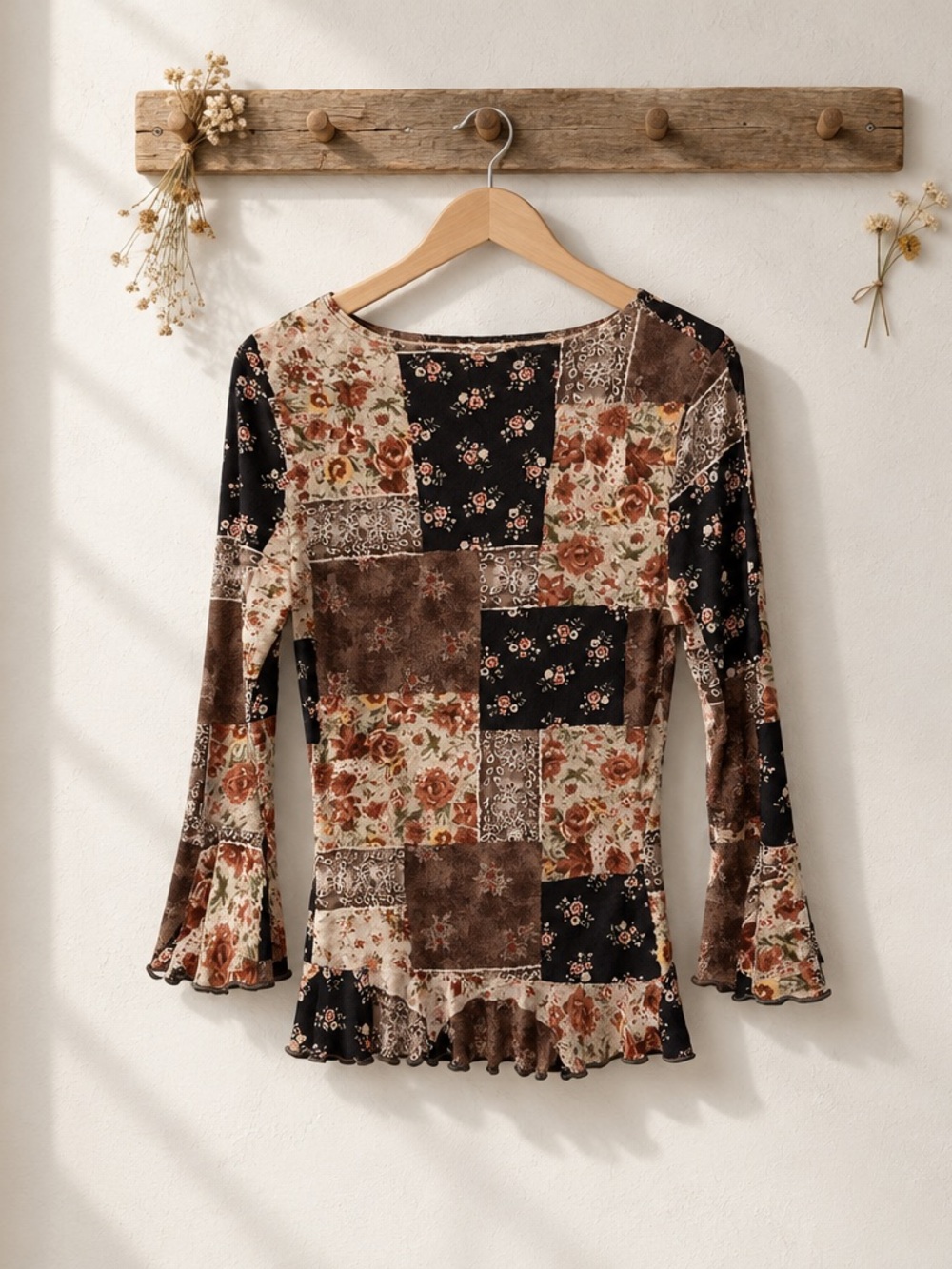 Women's Brown Patchwork Ruffle-Hem Blouse - Picture 3 of 5